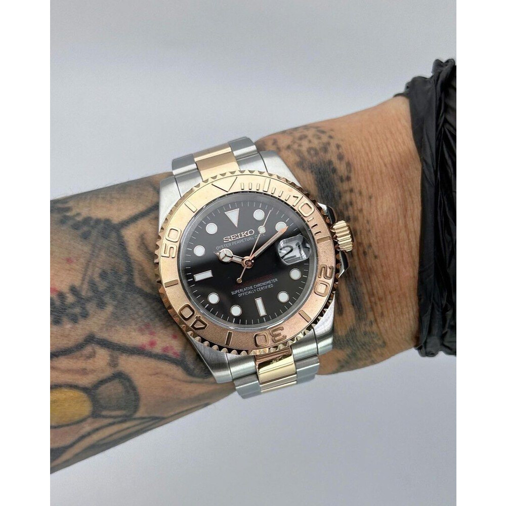 Custom Seiko Mod • 2-Tone Black Dial Silver Gold Yachtmaster • 40mm